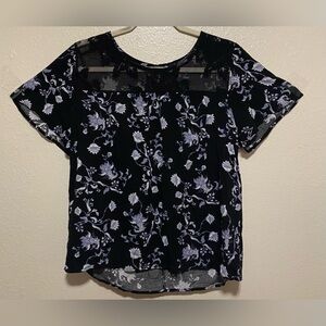 ✨ Angels Black Floral Lace Blouse | Sheer Short Sleeve Top | Romantic | Size L